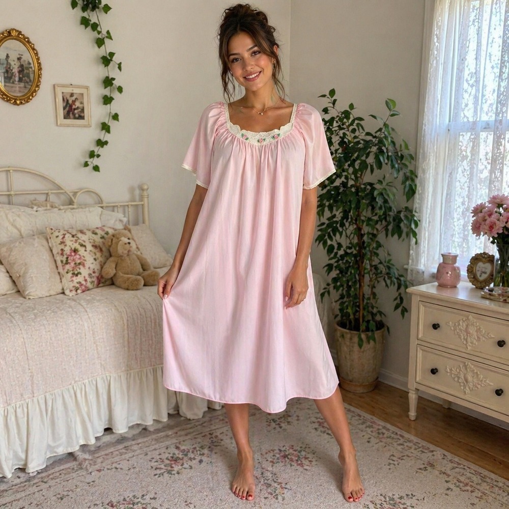 Pink Satin Nightgown Vintage Coquette Prairie Midi Romantic Lingerie Dress